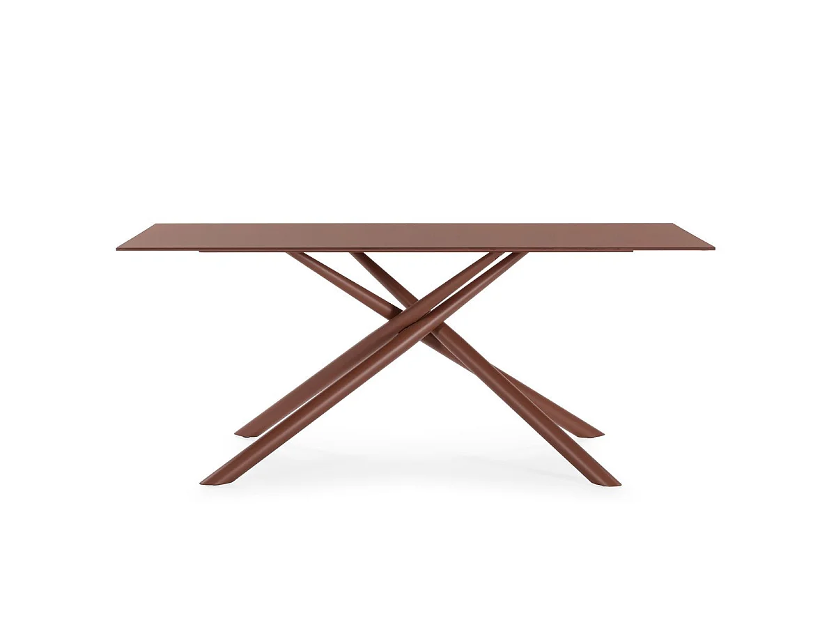 Table repas rectangulaire 180cm plateau en verre trempé et pieds croisés métal terracotta - AXELLE