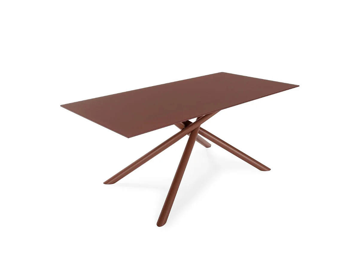 Table repas rectangulaire 180cm plateau en verre trempé et pieds croisés métal terracotta - AXELLE