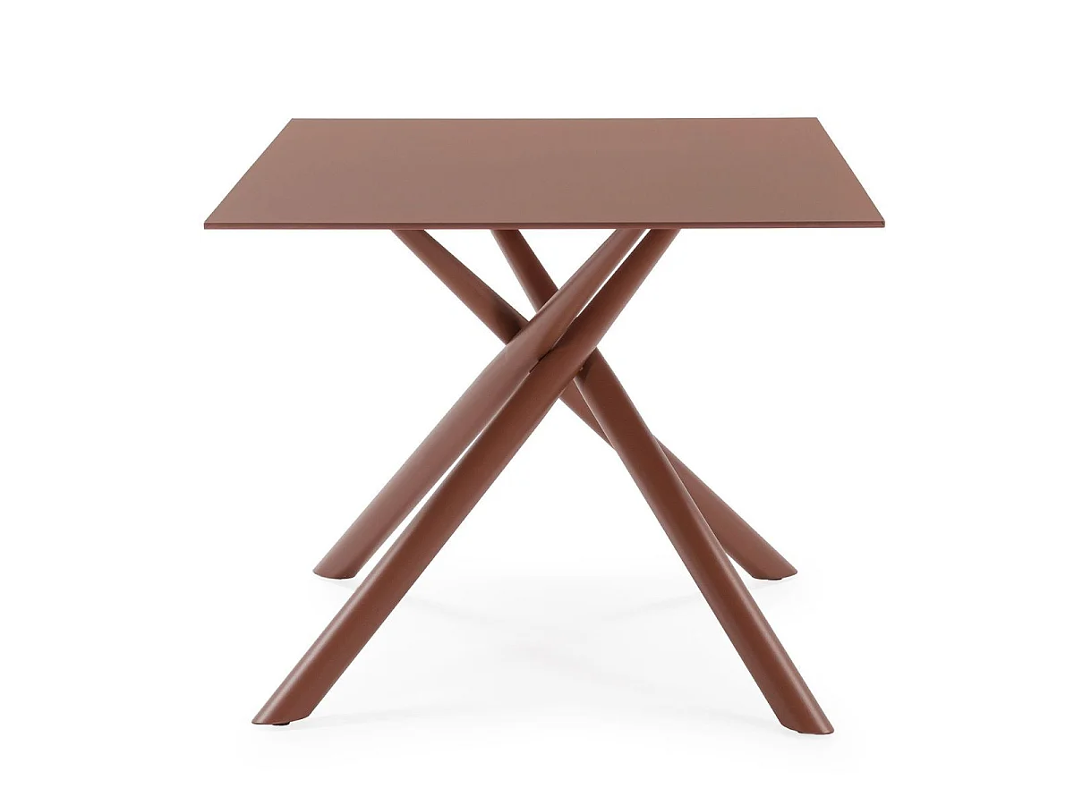 Table repas rectangulaire 180cm plateau en verre trempé et pieds croisés métal terracotta - AXELLE
