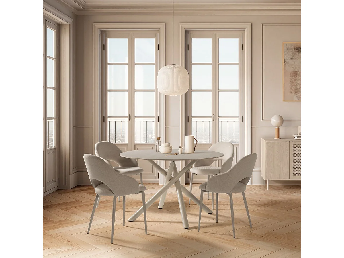 Table ronde crème + 4 chaises tissu beige pieds métal crème - AXELLE