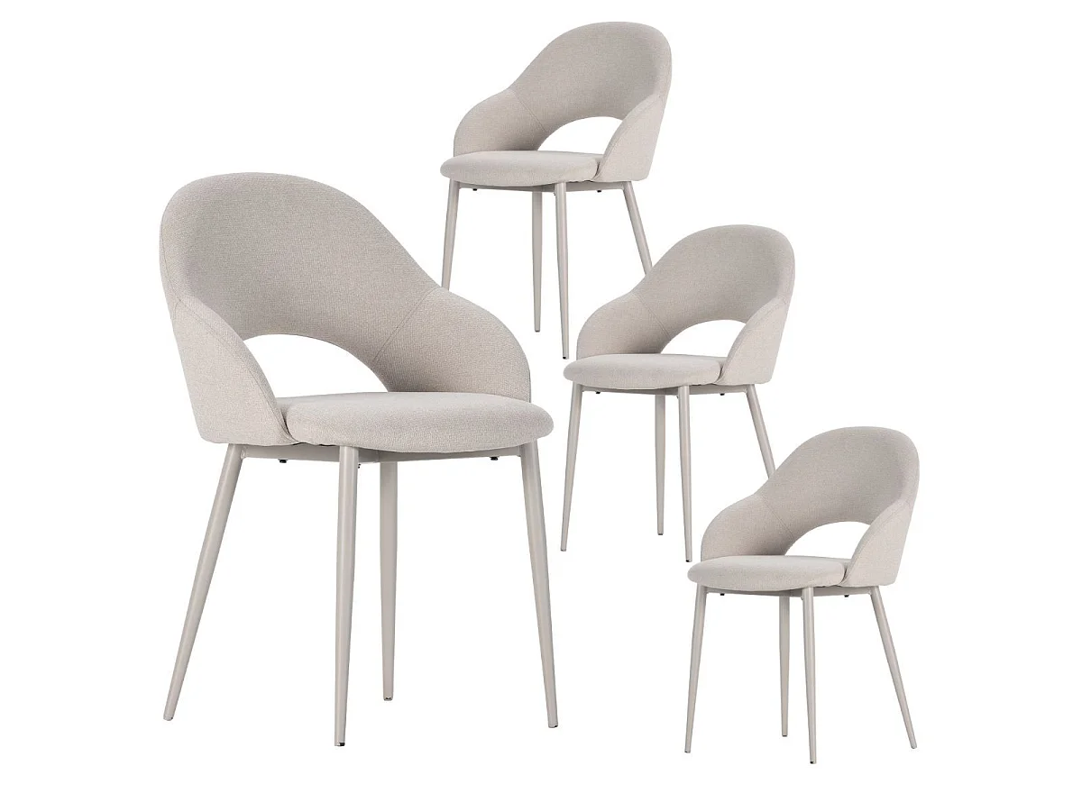 Table ronde crème + 4 chaises tissu beige pieds métal crème - AXELLE