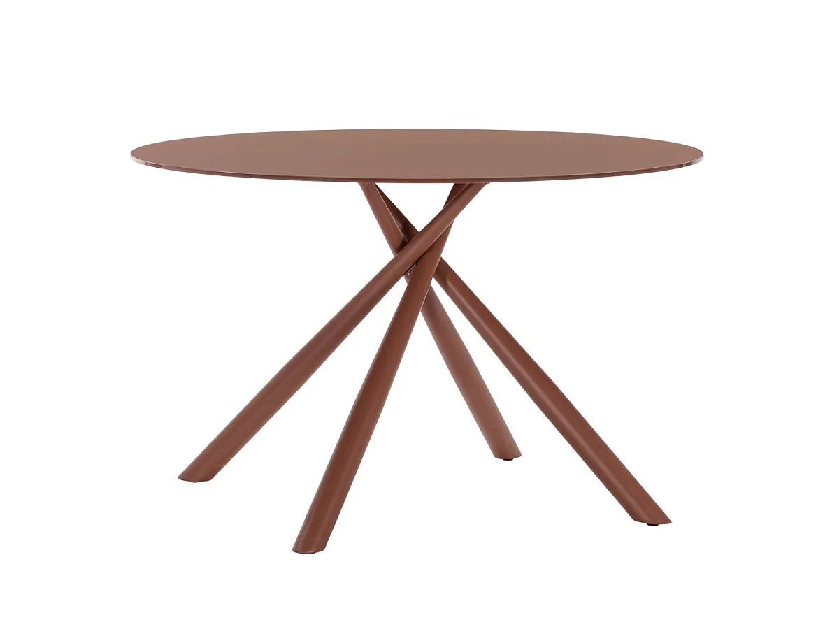 Table repas ronde Ø120cm plateau en verre trempé et pieds croisés métal terracotta - AXELLE