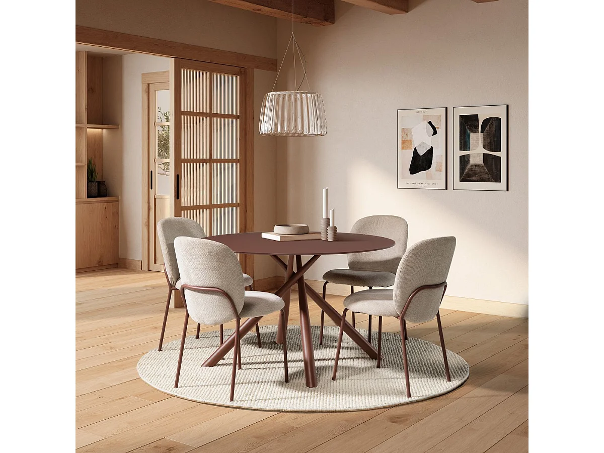 Table repas ronde Ø120cm plateau en verre trempé et pieds croisés métal terracotta - AXELLE