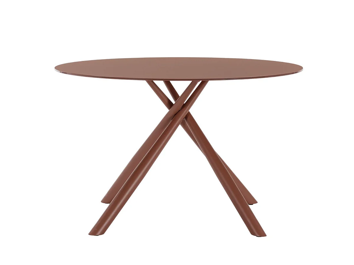 Table repas ronde Ø120cm plateau en verre trempé et pieds croisés métal terracotta - AXELLE