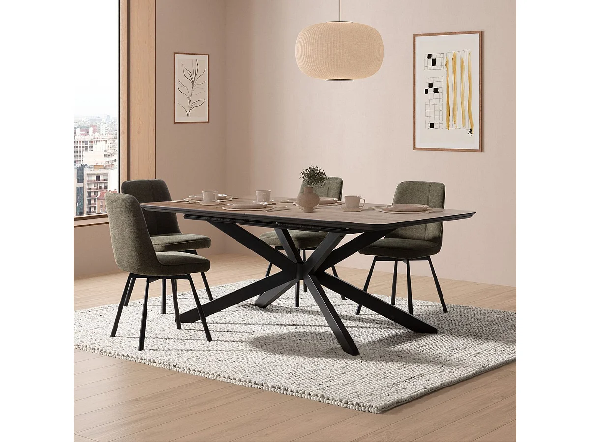 Table repas extensible 190/250cm aspect chêne foncé pieds étoile métal noir - NADILIS