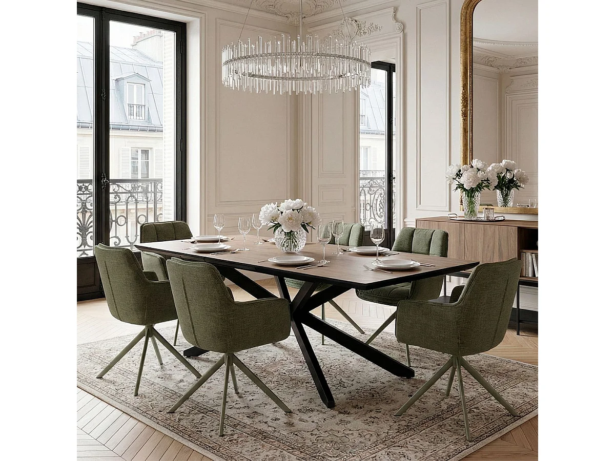 Table repas extensible 190/250cm aspect chêne foncé pieds étoile métal noir - NADILIS