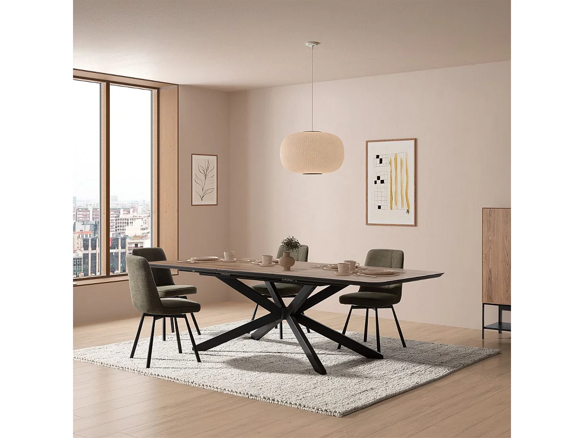 Table repas extensible 190/250cm aspect chêne foncé pieds étoile métal noir - NADILIS
