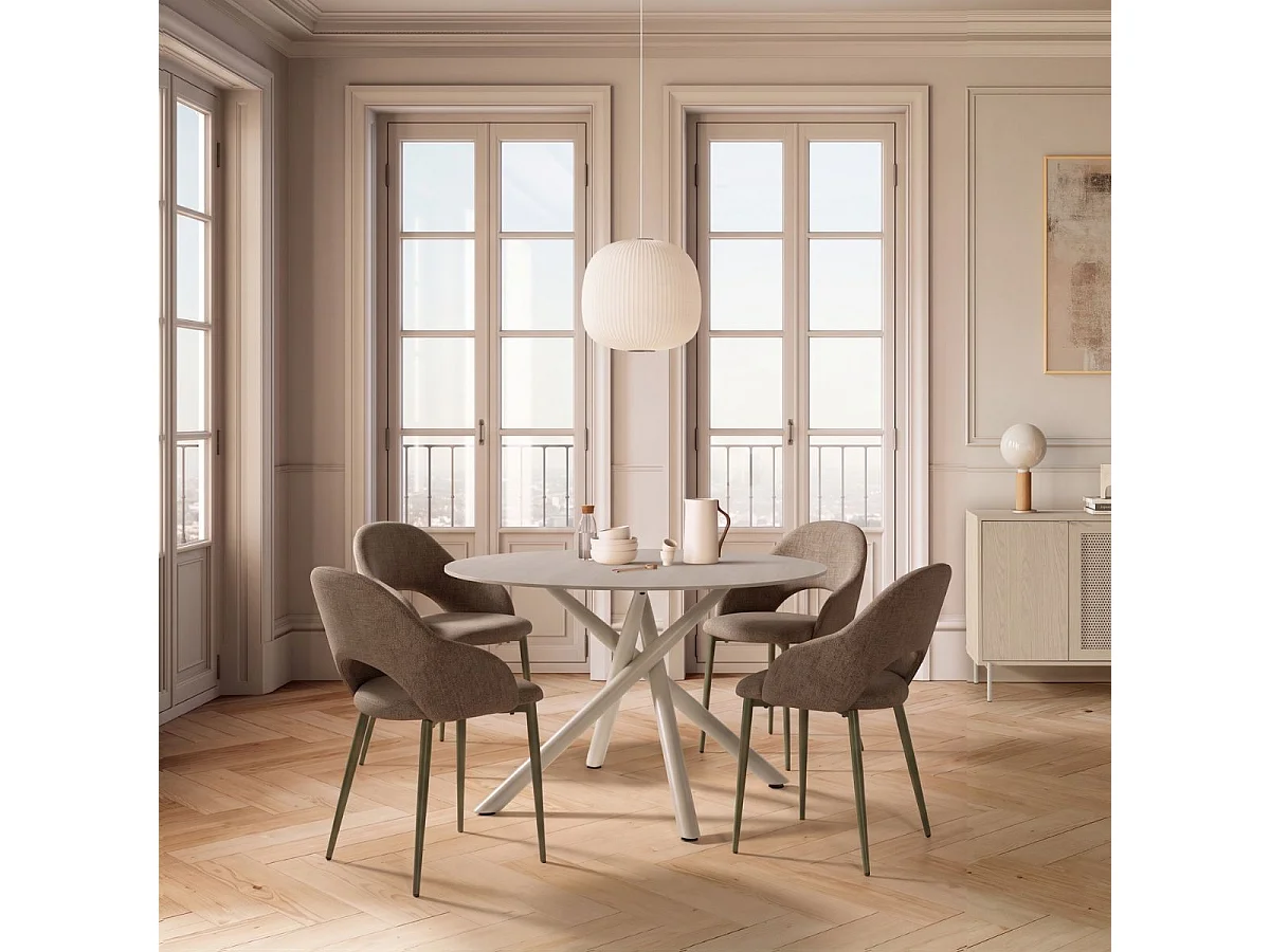 Table ronde crème + 4 chaises vertes design pieds métal vert - AXELLE