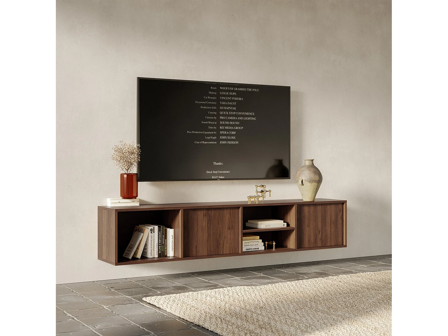 Hangend TV-meubel Sanva met 2 deuren en 3 vakken, warmia walnoot, 200cm