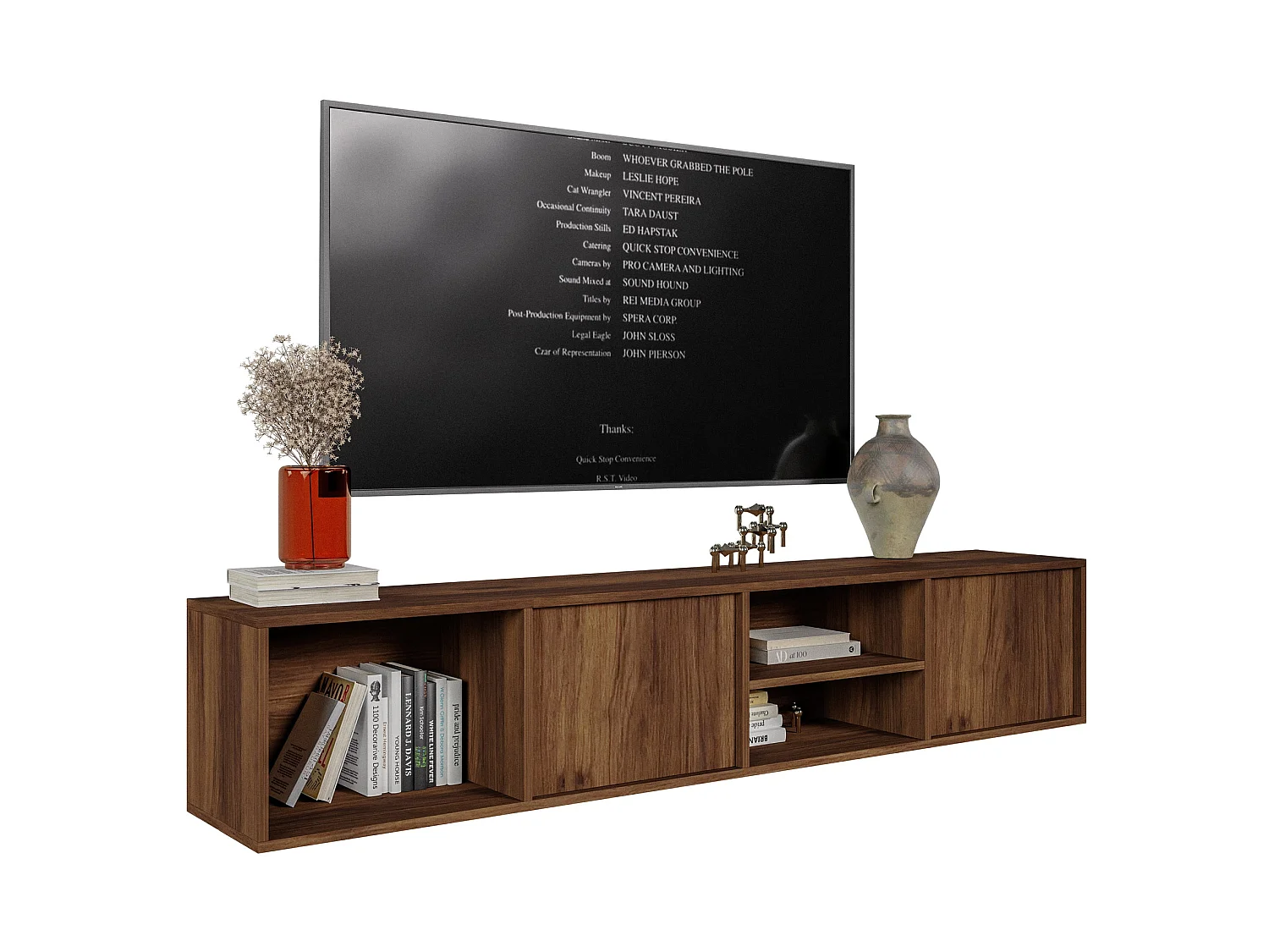 Hangend TV-meubel Sanva met 2 deuren en 3 vakken, warmia walnoot, 200cm