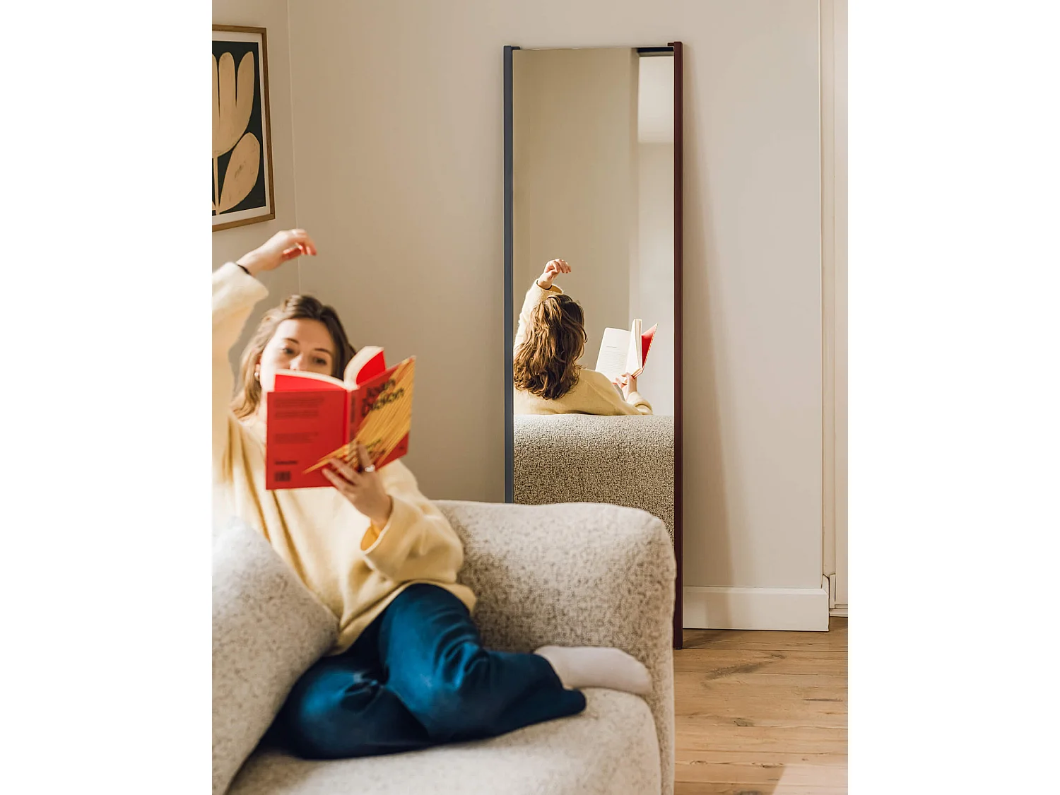 Miroir mural Lun - cadre bicolore ou chêne, 166 x 49 x 4 cm