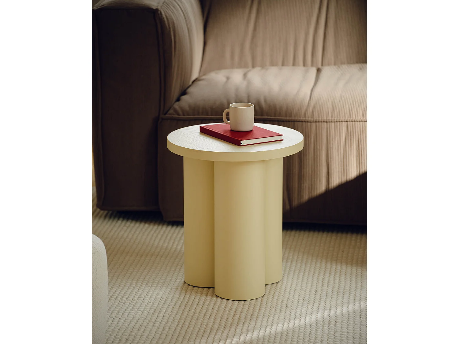 Tabouret Oly - tabouret rond blanc minimaliste, plateau en placage et structure acier