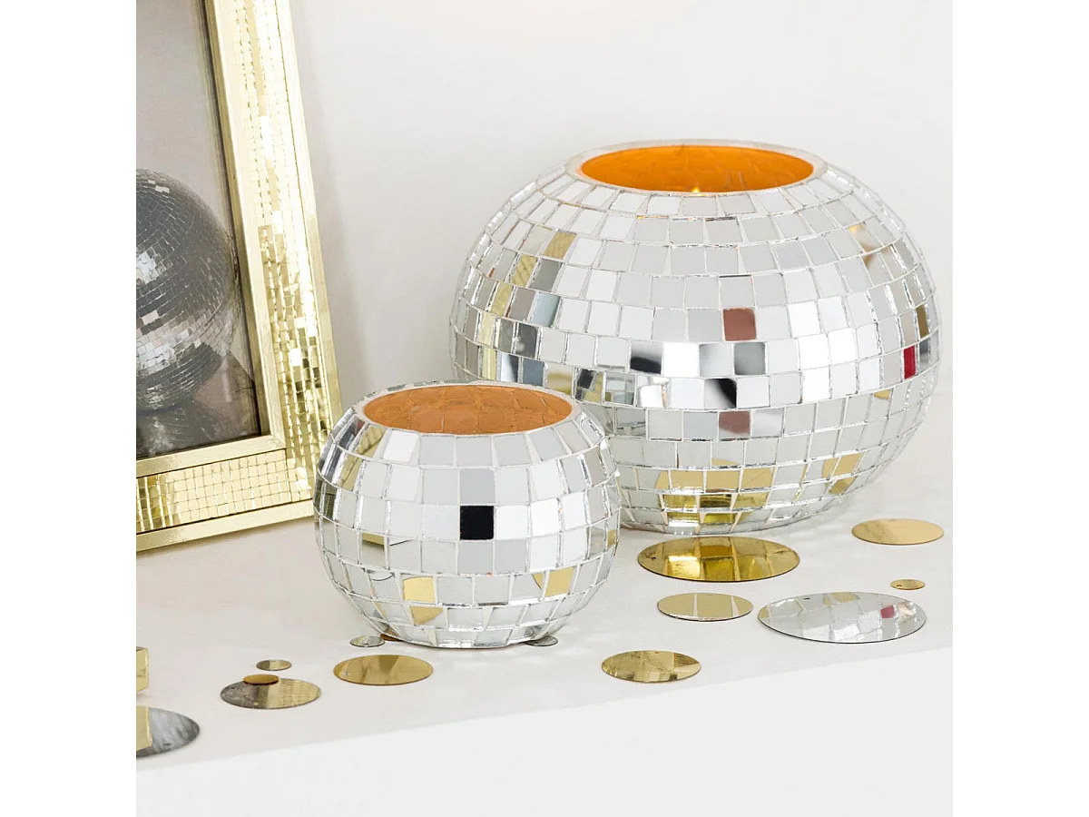 Photophore Mosaïque en Verre "Disco" 16cm Argent
