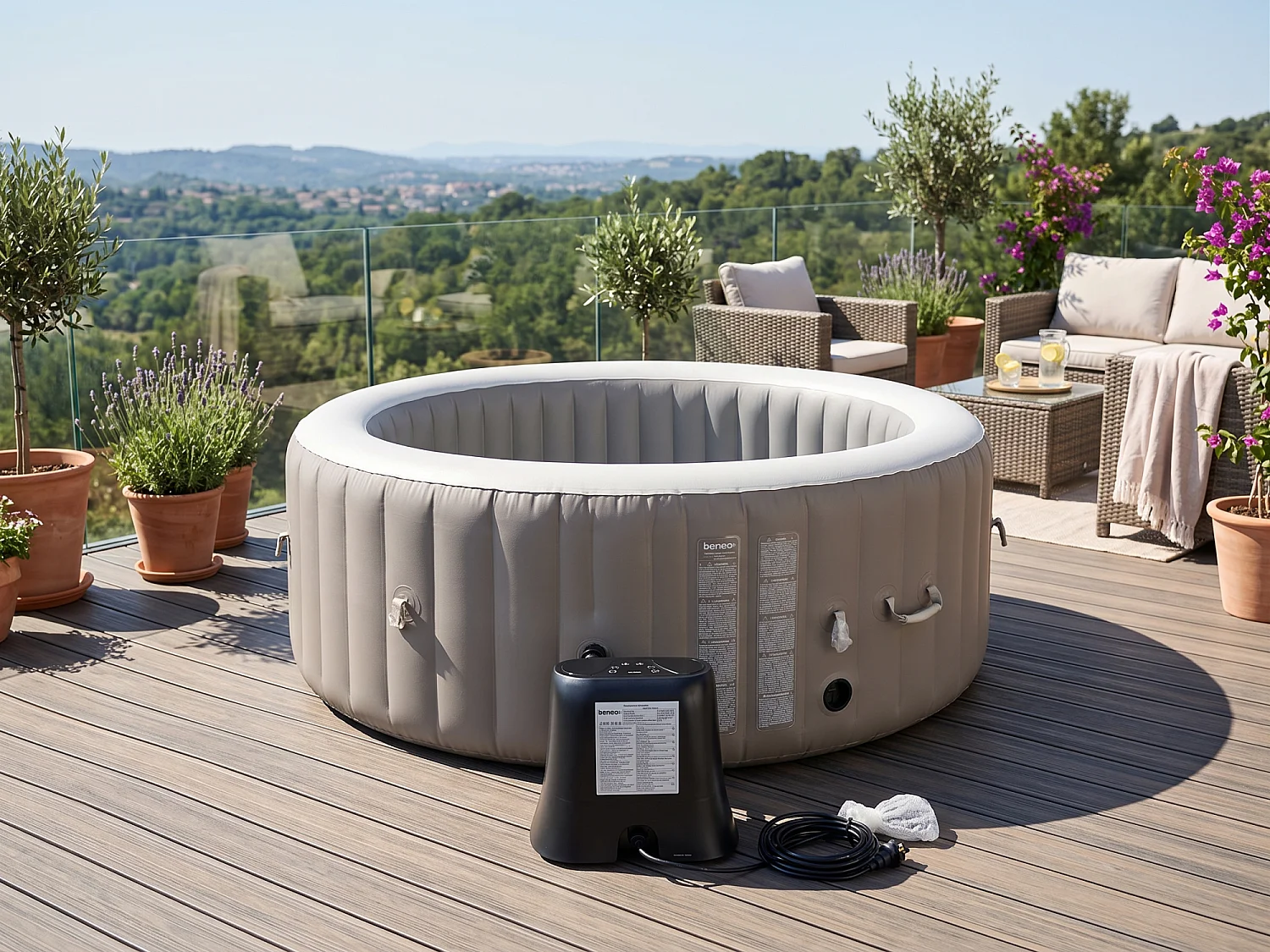 Spa gonflable 4 places - Forme ronde - SUNSHINE - Filtre et bâche inclus - Gris