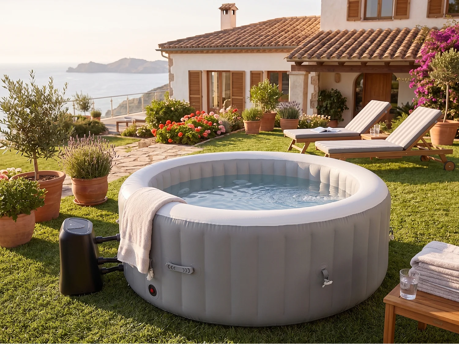 Spa gonflable 4 places - Forme ronde - SUNSHINE - Filtre et bâche inclus - Gris