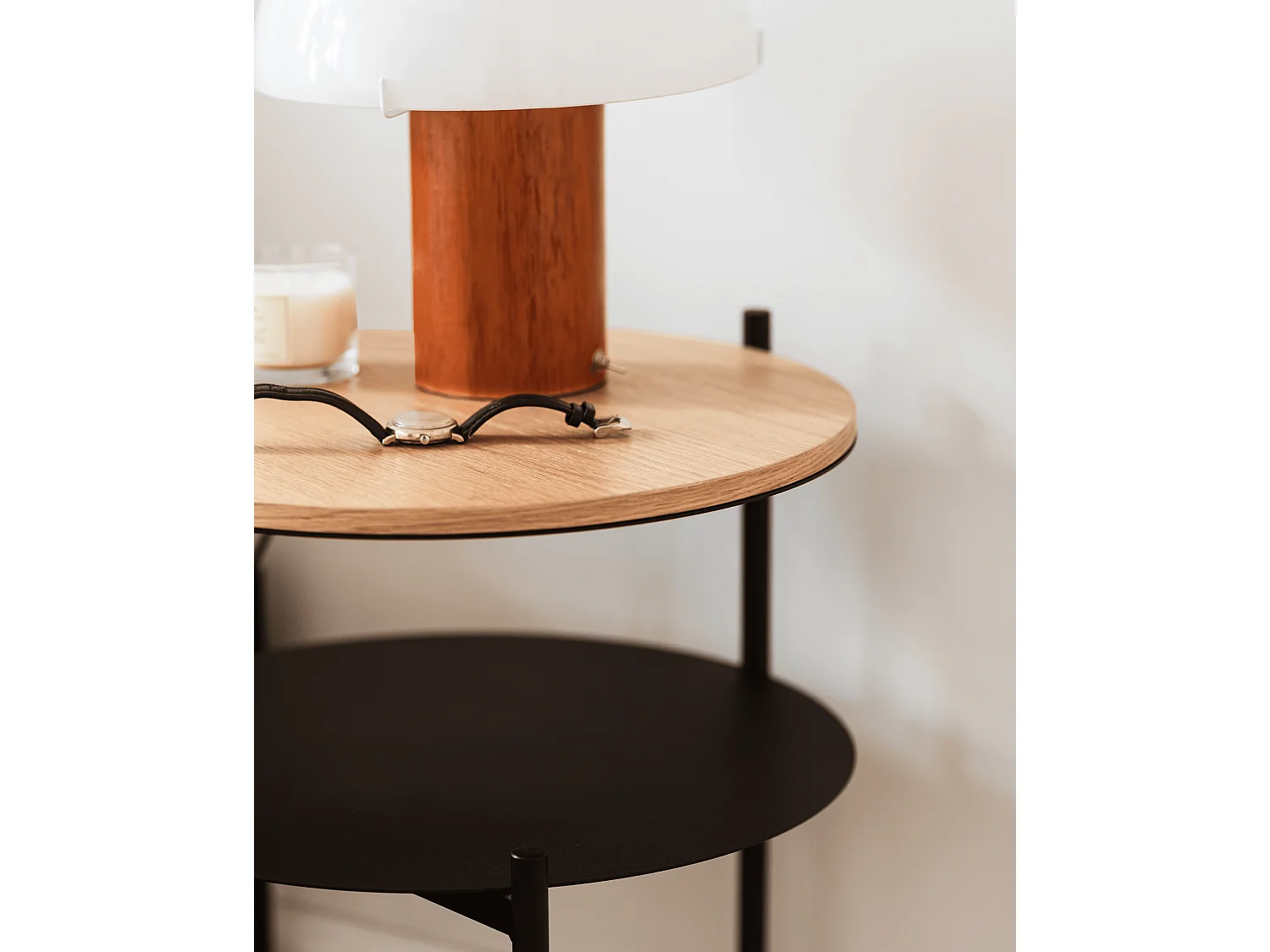 noo.ma ronde salontafel Black Oak 40x52,5 cm - modern met opbergplank