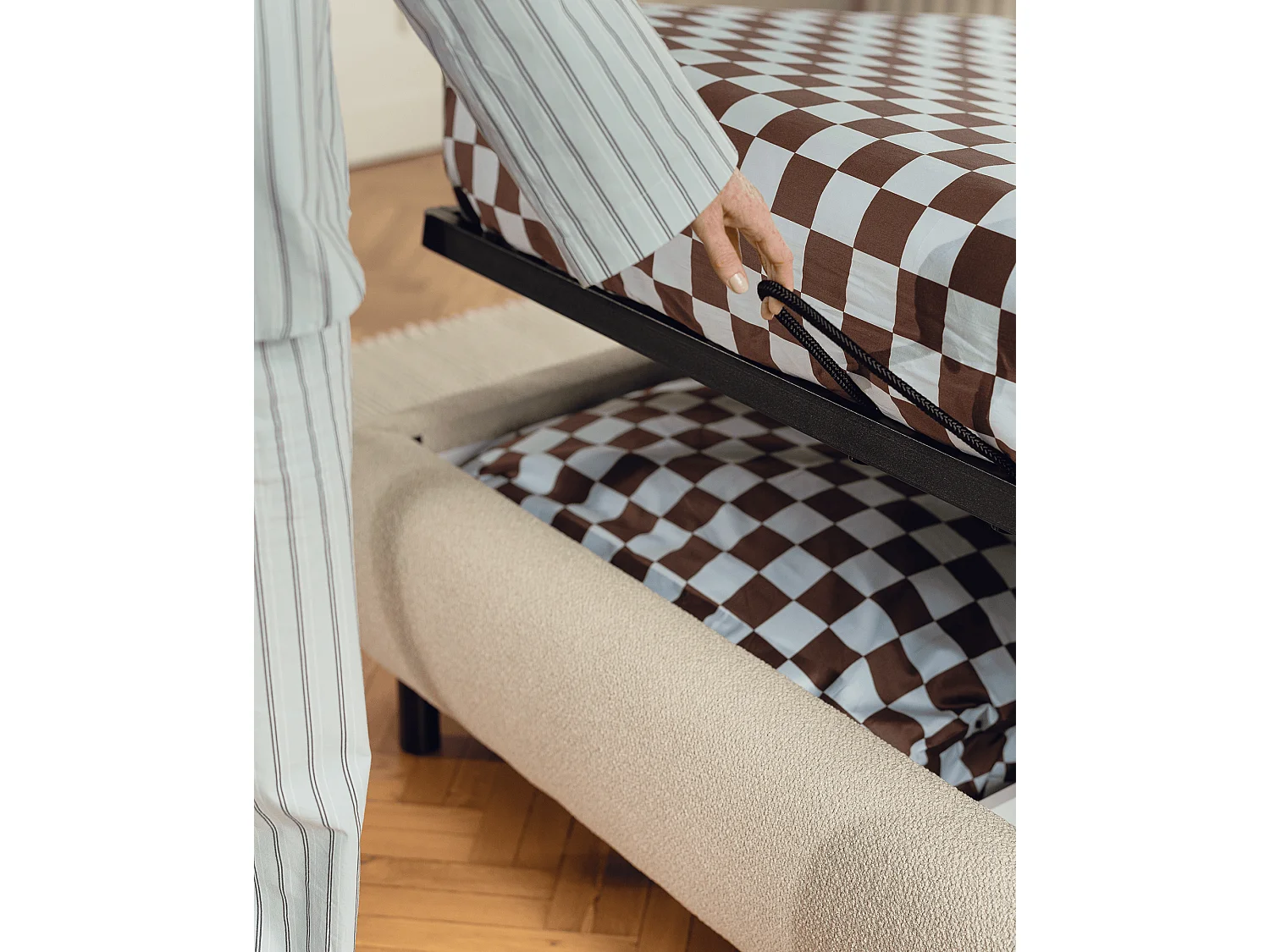 noo.ma gestoffeerd bouclé bed beige - met opbergruimte, 221x90 cm