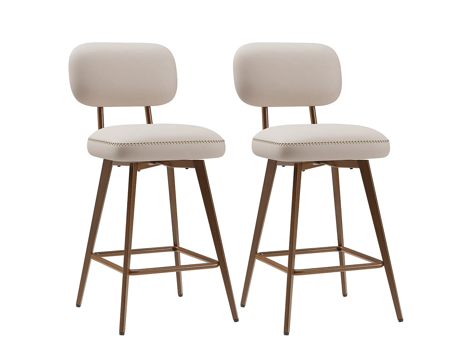 Lot von 2 drehbaren Barhockern aus PU-Kunstleder, mit niedriger Rückenlehne und Metallfüßen, Beige