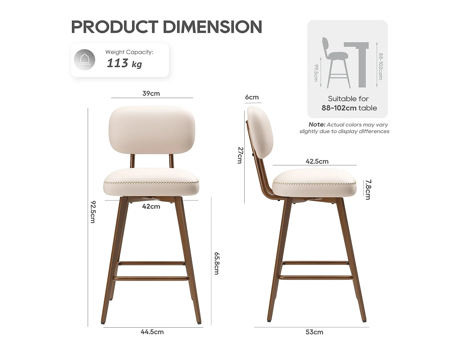 Lot von 2 drehbaren Barhockern aus PU-Kunstleder, mit niedriger Rückenlehne und Metallfüßen, Beige