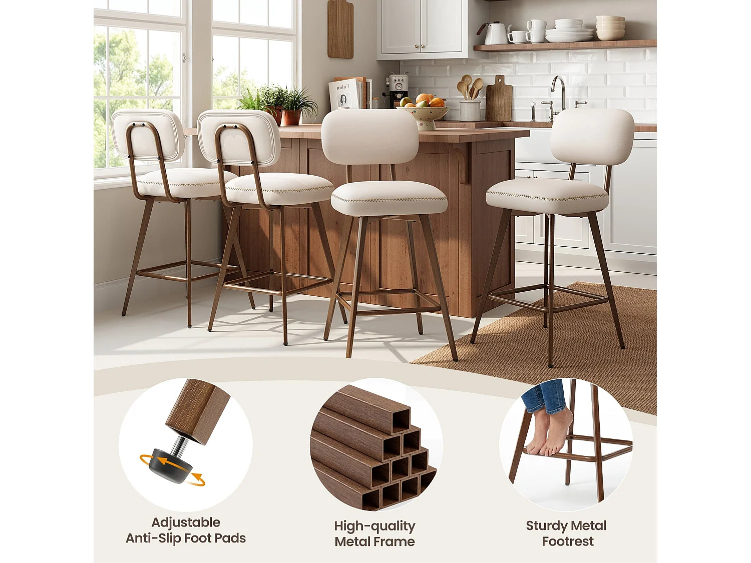 Lot von 2 drehbaren Barhockern aus PU-Kunstleder, mit niedriger Rückenlehne und Metallfüßen, Beige