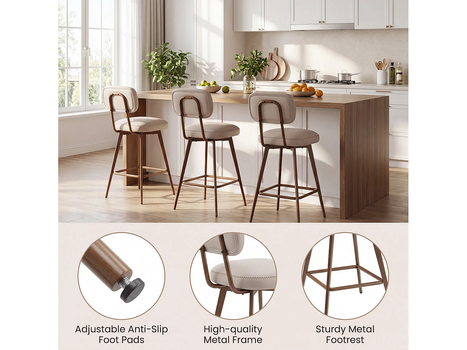 Lot von 2 drehbaren Barhockern aus PU-Kunstleder, mit niedriger Rückenlehne und Metallfüßen, Beige