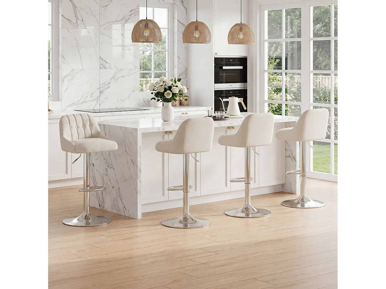 Lot von 2 drehbaren Barhockern, verstellbaren Barstühlen aus gepolsterter Stoff, mit gepolsterter Rückenlehne, Beige
