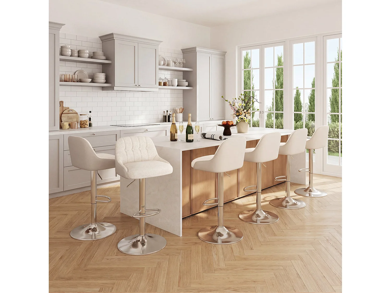 Lot von 2 drehbaren Barhockern, verstellbaren Barstühlen aus gepolsterter Stoff, mit gepolsterter Rückenlehne, Beige