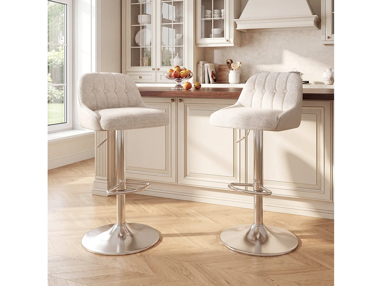 Lot de 2 tabourets de bar pivotants, chaises de bar réglables en tissu rembourré, avec dossier capitonné, Beige