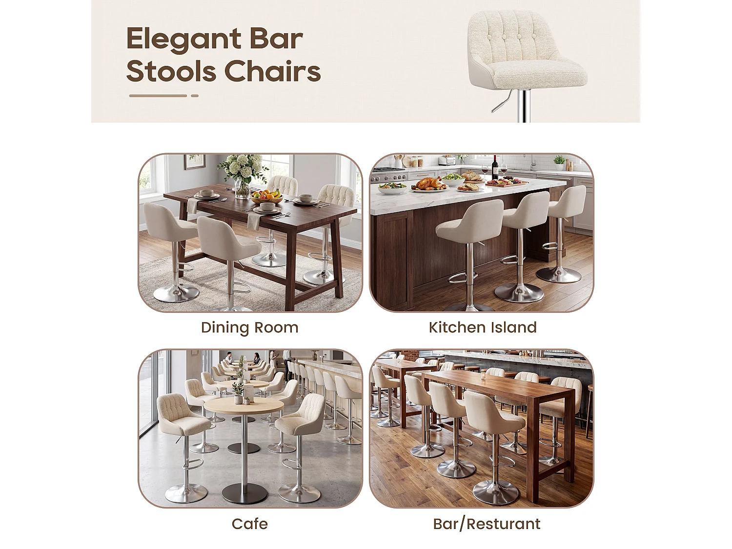 Lot de 2 tabourets de bar pivotants, chaises de bar réglables en tissu rembourré, avec dossier capitonné, Beige