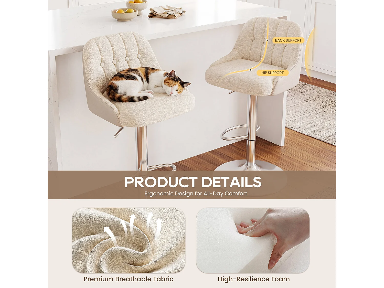 Lot de 2 tabourets de bar pivotants, chaises de bar réglables en tissu rembourré, avec dossier capitonné, Beige