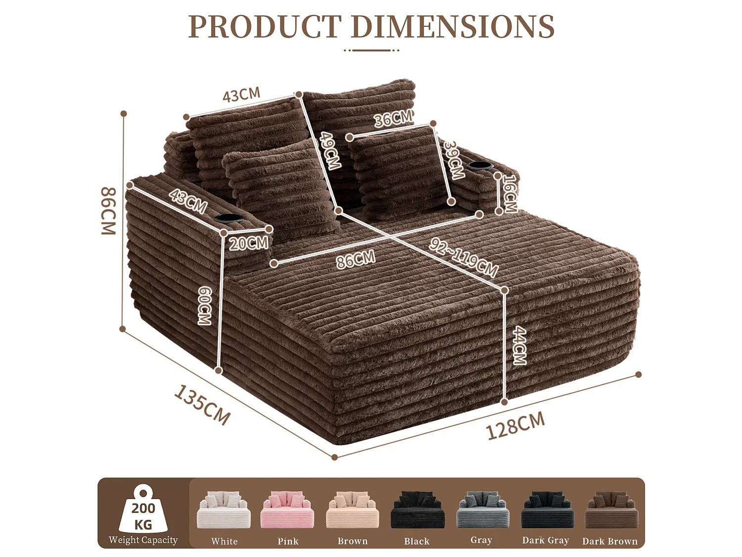 Chaise longue en fausse fourrure duveteuse façon nuage avec porte-gobelet, sans montage