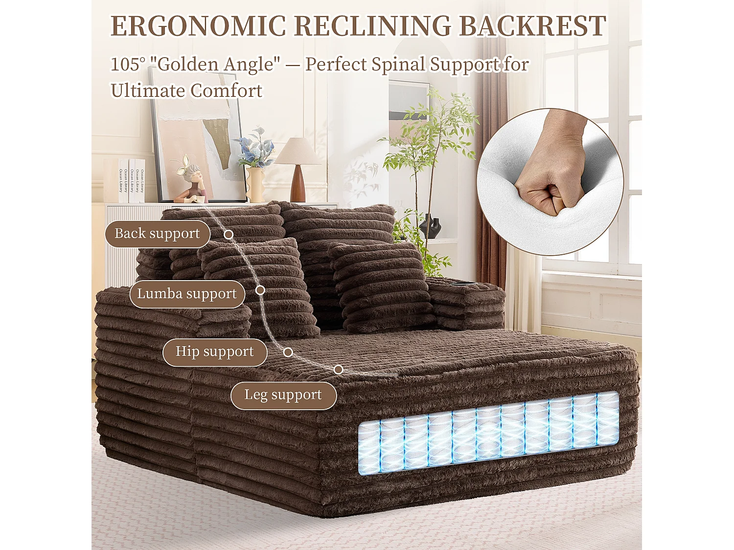Chaise longue en fausse fourrure duveteuse façon nuage avec porte-gobelet, sans montage