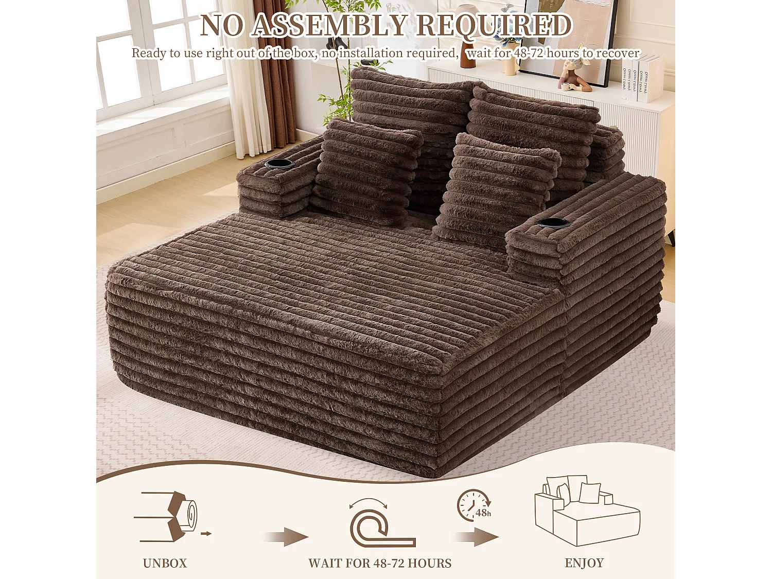 Chaise longue en fausse fourrure duveteuse façon nuage avec porte-gobelet, sans montage