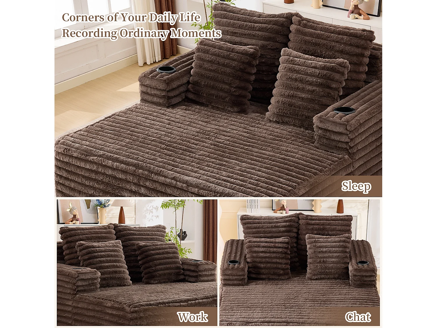 Chaise longue en fausse fourrure duveteuse façon nuage avec porte-gobelet, sans montage