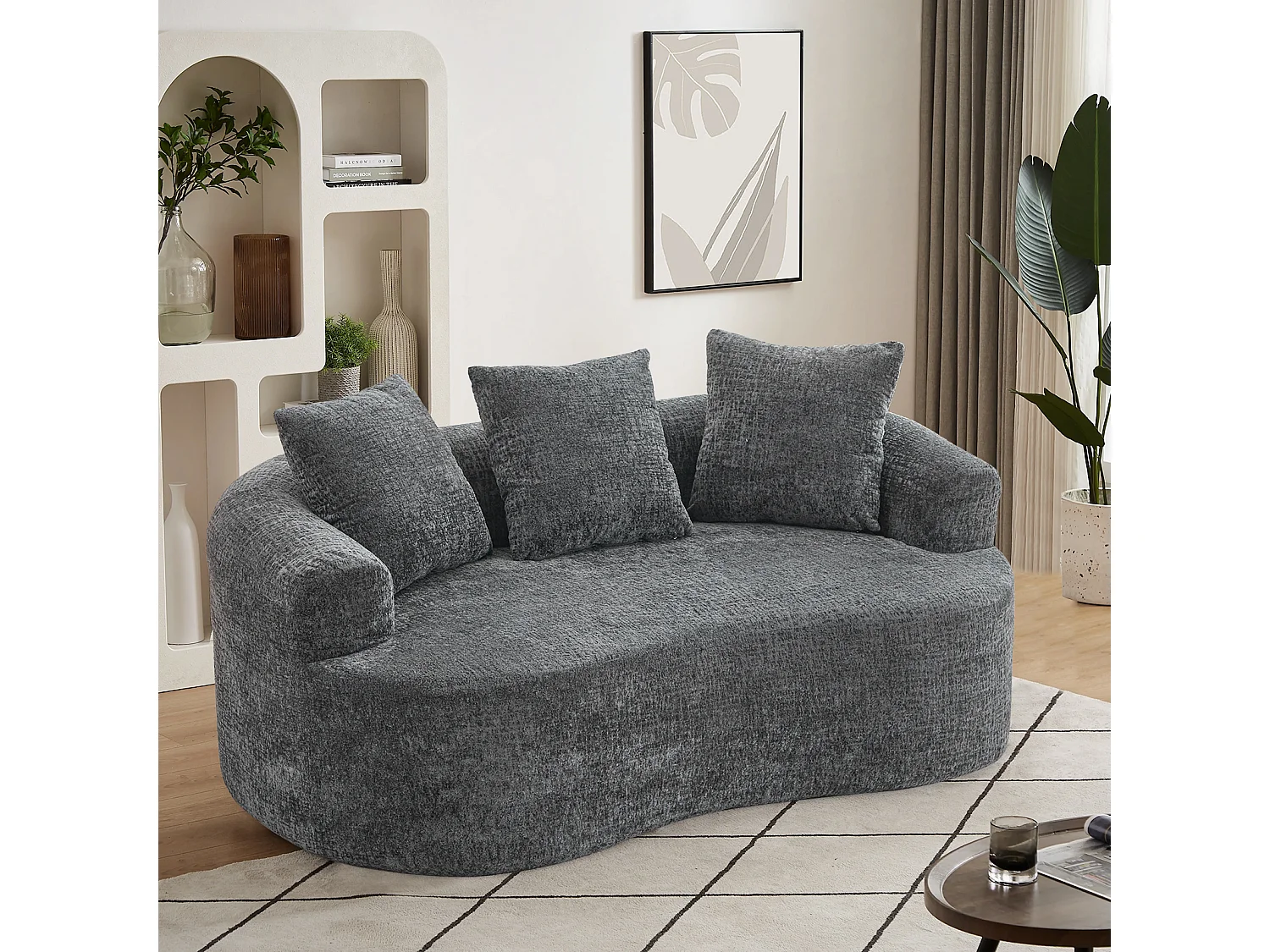 Canapé 2 places en chenille, petite causeuse avec 3 coussins, aucun assemblage requis