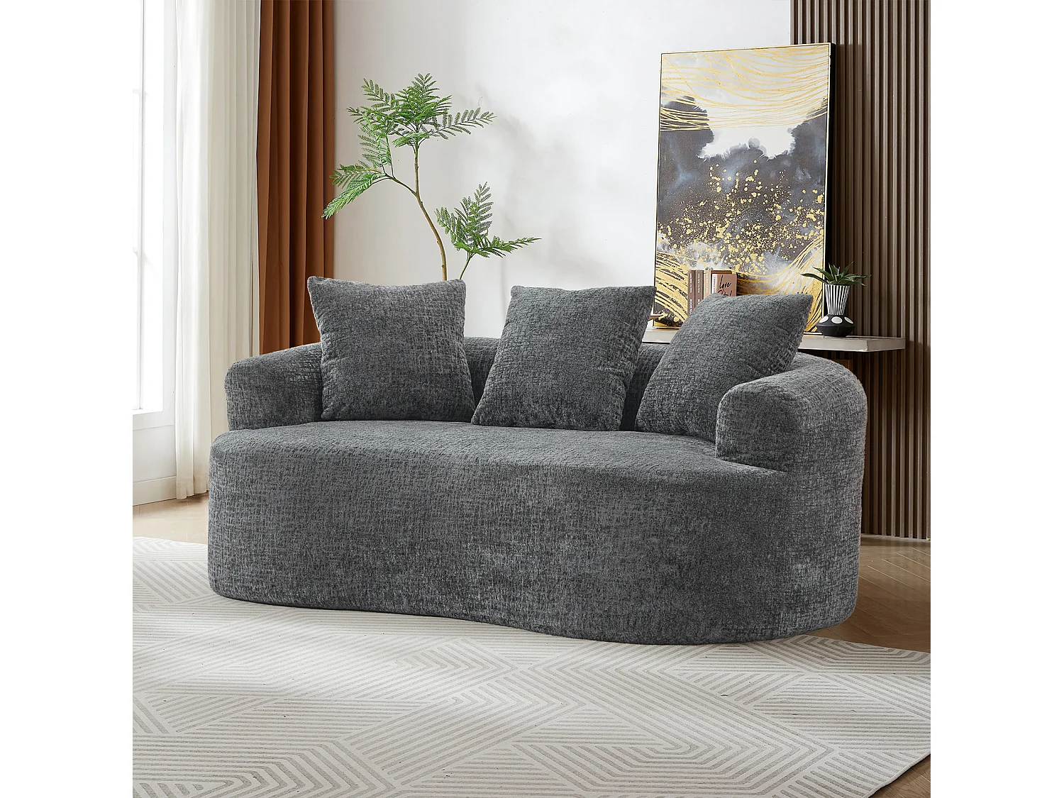 Canapé 2 places en chenille, petite causeuse avec 3 coussins, aucun assemblage requis