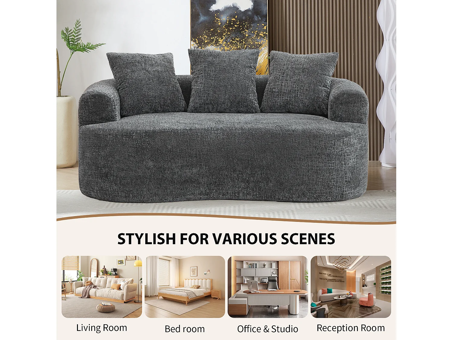 Canapé 2 places en chenille, petite causeuse avec 3 coussins, aucun assemblage requis