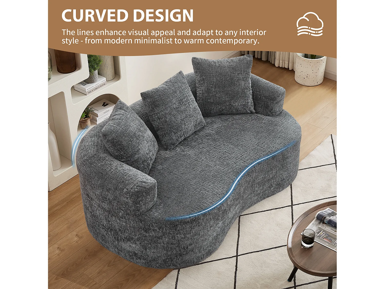 Canapé 2 places en chenille, petite causeuse avec 3 coussins, aucun assemblage requis
