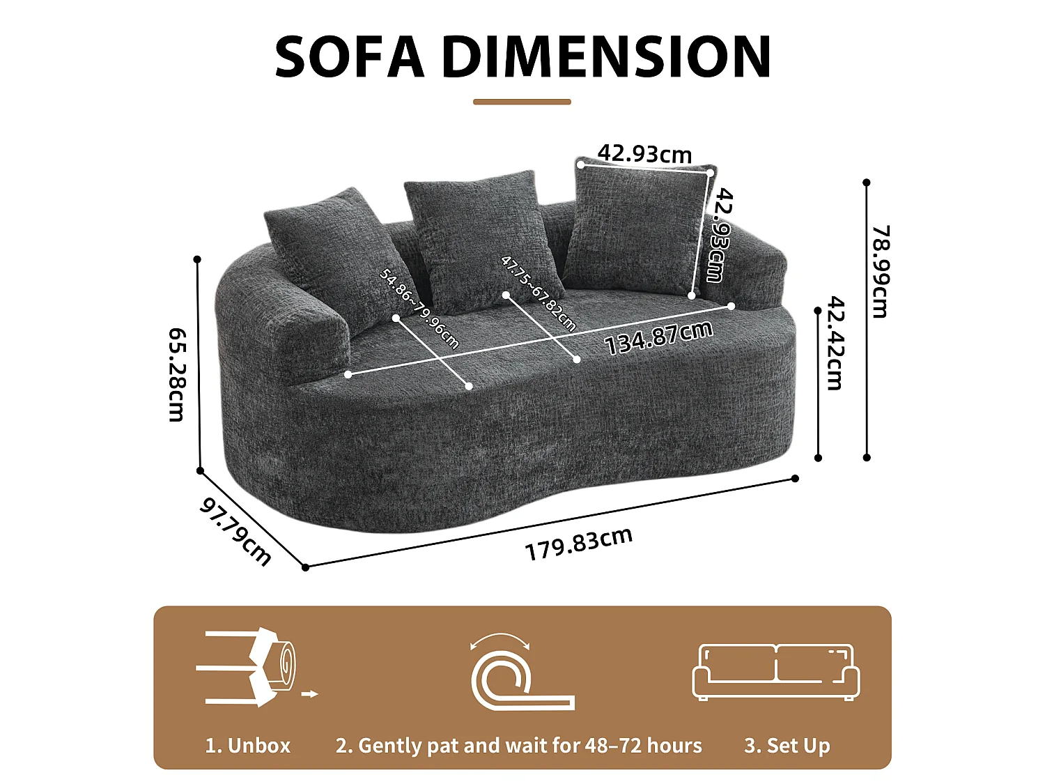Canapé 2 places en chenille, petite causeuse avec 3 coussins, aucun assemblage requis