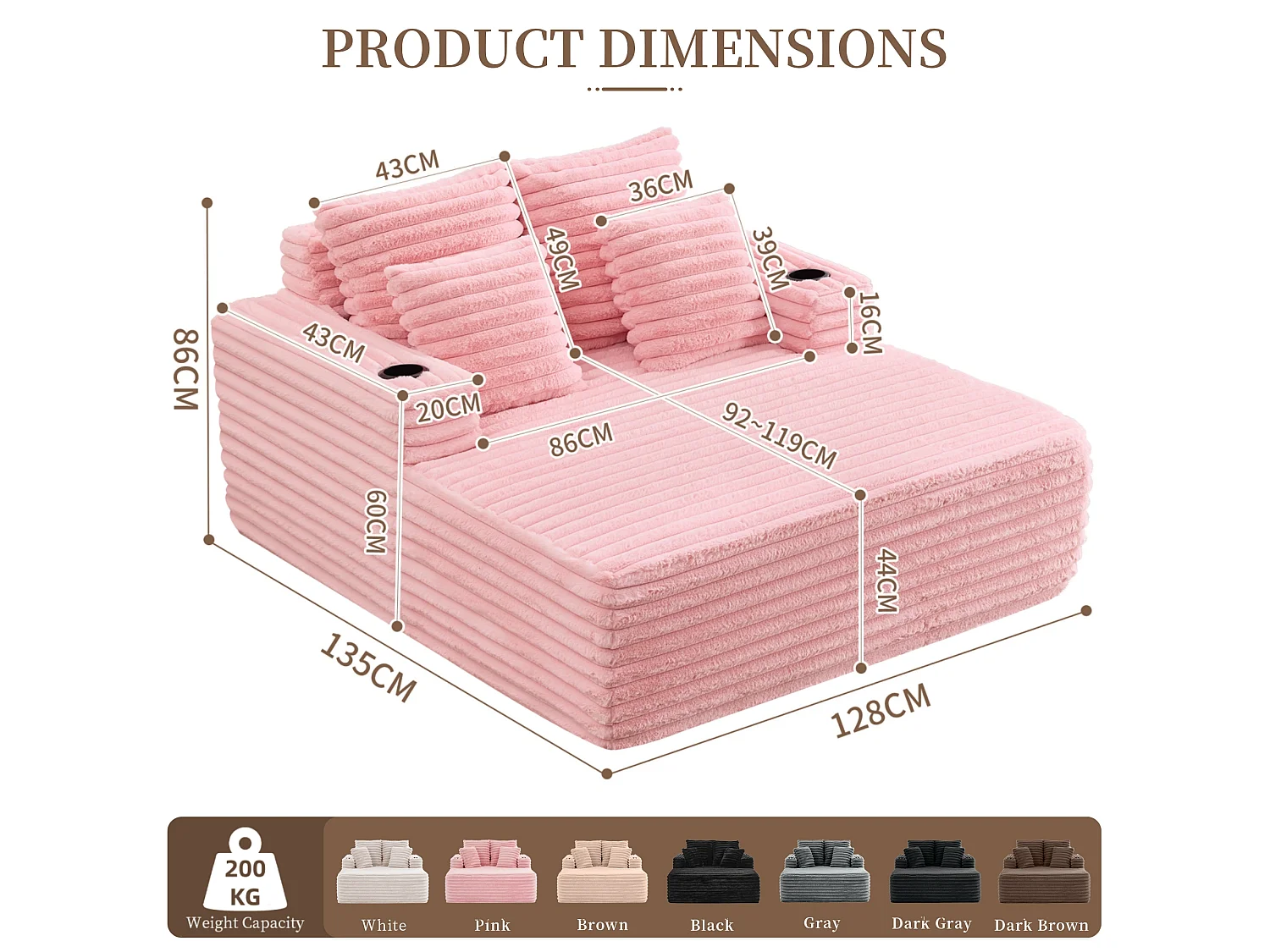 Chaise longue en fausse fourrure duveteuse façon nuage avec porte-gobelet, sans montage