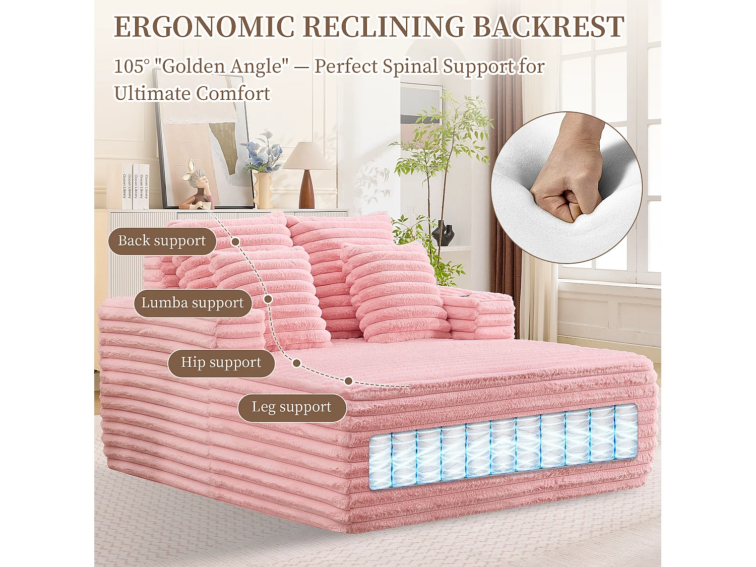 Chaise longue en fausse fourrure duveteuse façon nuage avec porte-gobelet, sans montage
