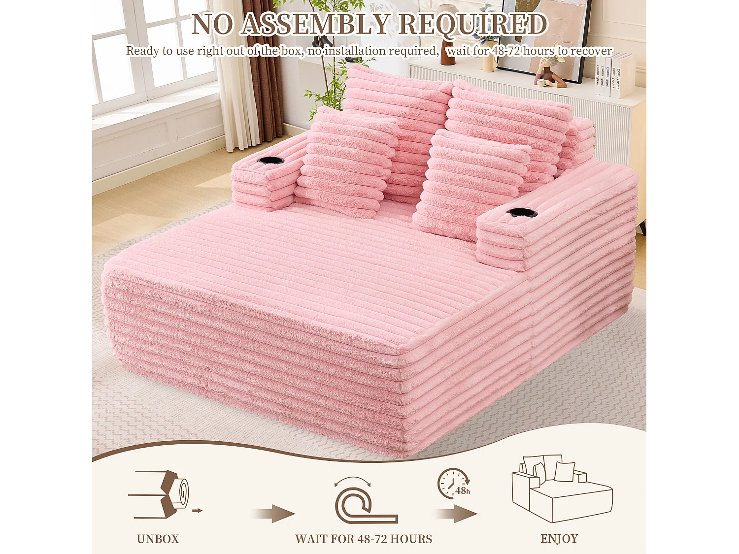 Chaise longue en fausse fourrure duveteuse façon nuage avec porte-gobelet, sans montage