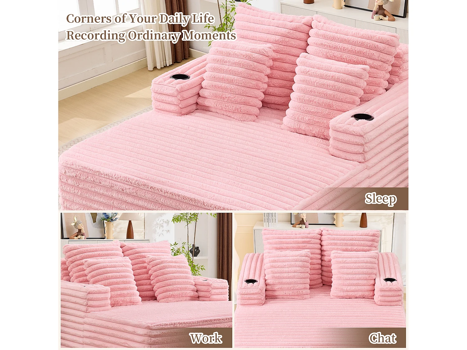 Chaise longue en fausse fourrure duveteuse façon nuage avec porte-gobelet, sans montage