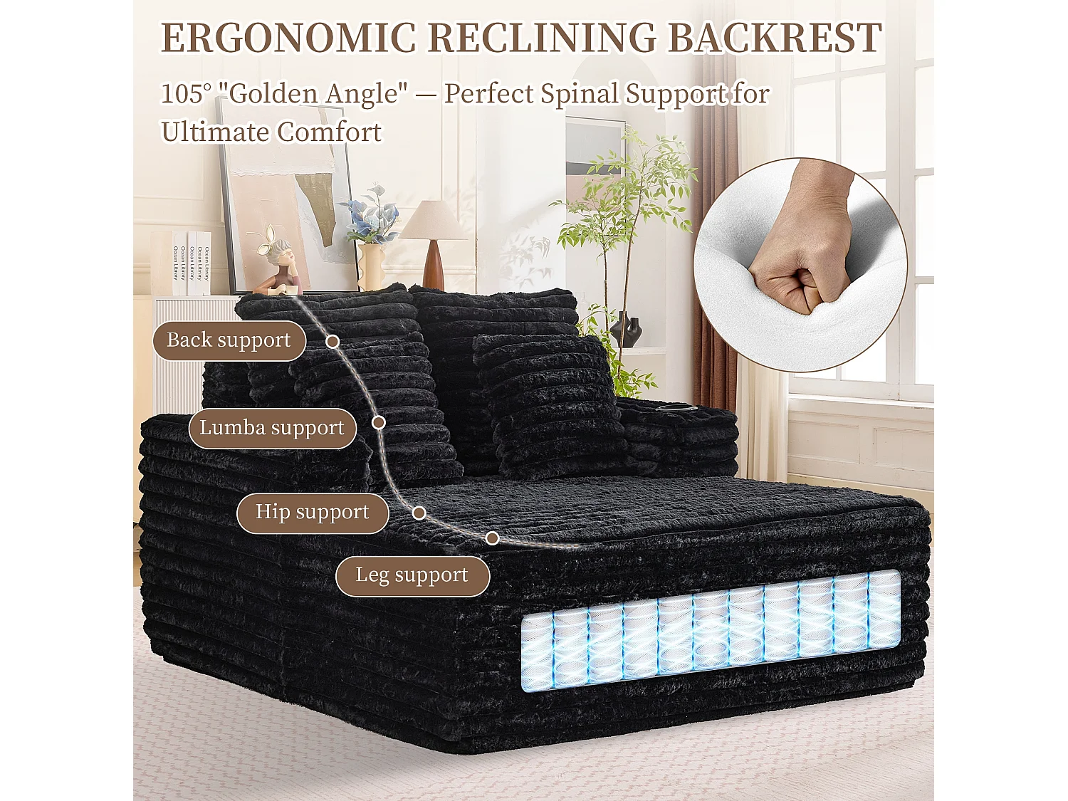 Chaise longue en fausse fourrure duveteuse façon nuage avec porte-gobelet, sans montage