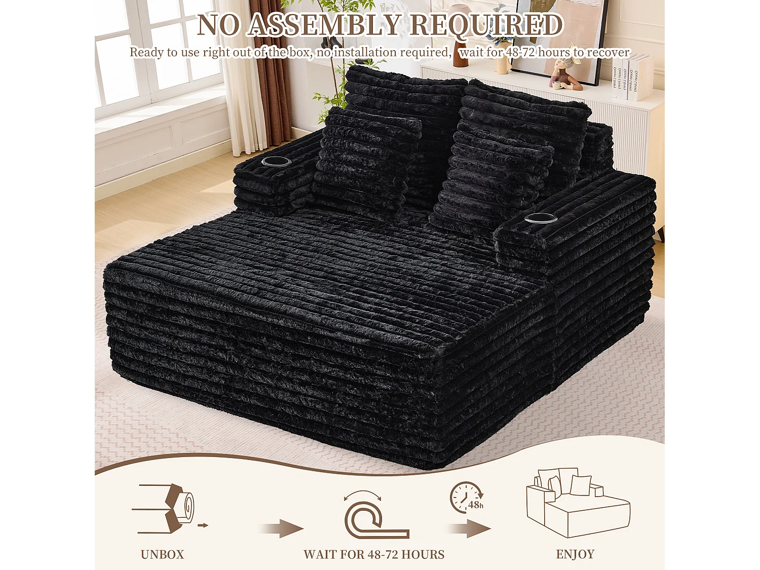 Chaise longue en fausse fourrure duveteuse façon nuage avec porte-gobelet, sans montage