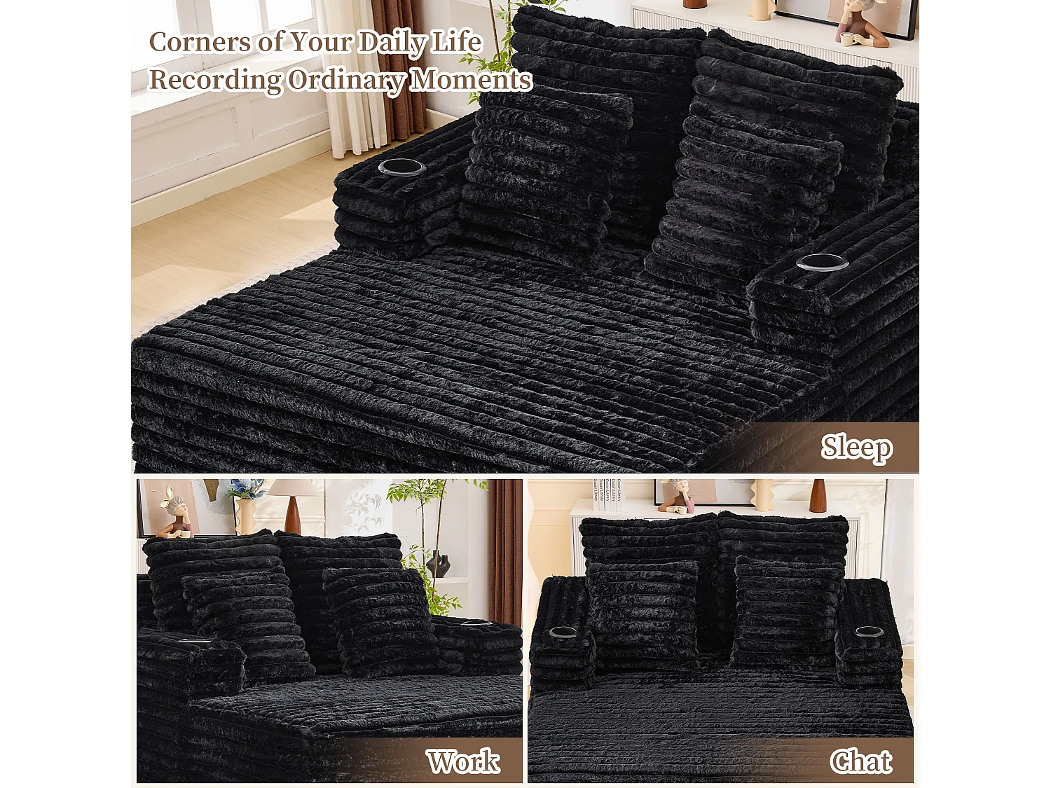 Chaise longue en fausse fourrure duveteuse façon nuage avec porte-gobelet, sans montage