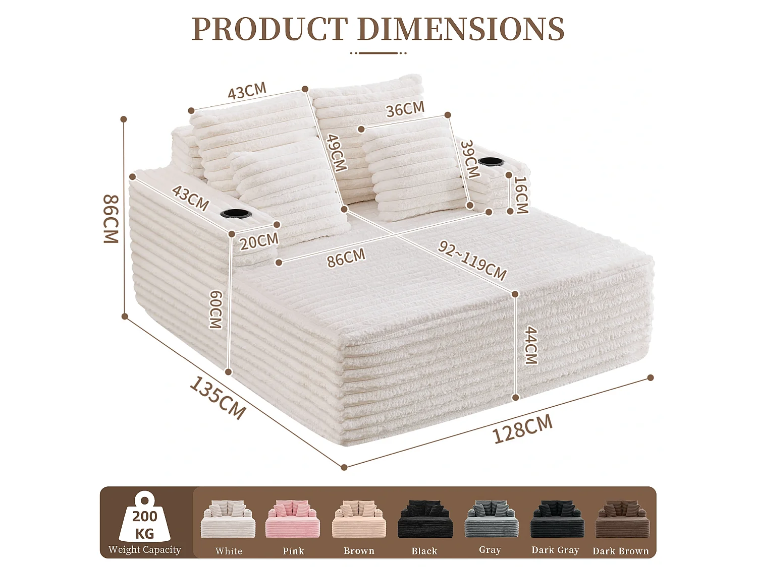 Chaise longue en fausse fourrure duveteuse façon nuage avec porte-gobelet, sans montage