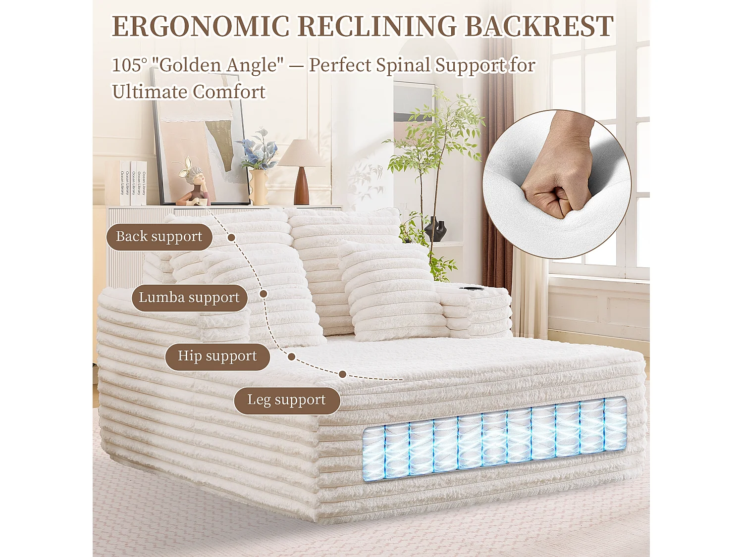 Chaise longue en fausse fourrure duveteuse façon nuage avec porte-gobelet, sans montage