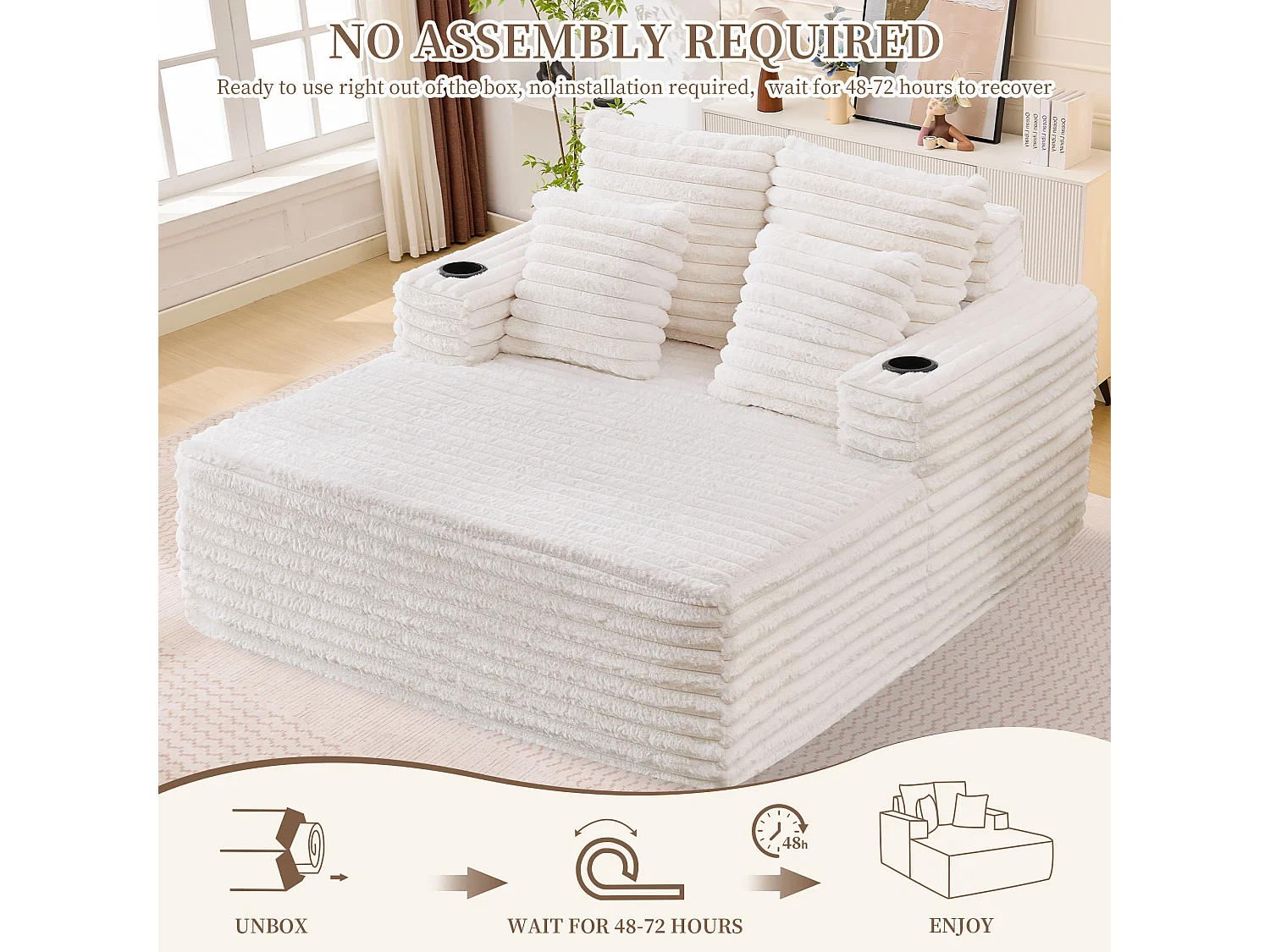 Chaise longue en fausse fourrure duveteuse façon nuage avec porte-gobelet, sans montage