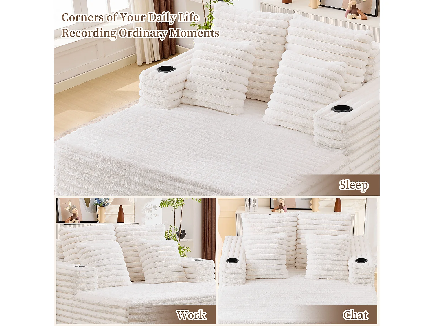 Chaise longue en fausse fourrure duveteuse façon nuage avec porte-gobelet, sans montage